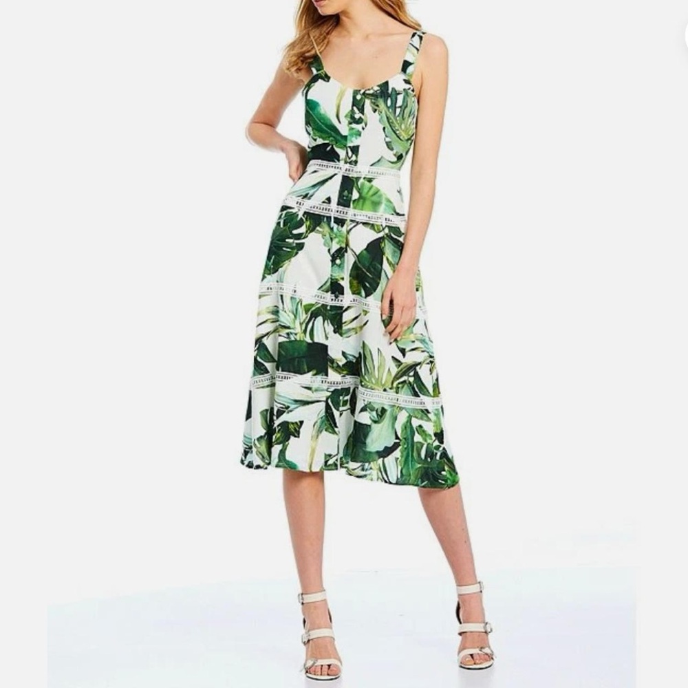 Gianni Bini Monica Midi Ivory Palm Dress Size 2